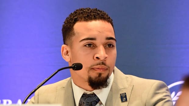 Dec 5, 2017; New York, NY, USA; Arkansas State CB, Blaise Taylor recognized as NFF Campbell Trophy finalist at the 60th NFF Annual Awards Dinner Press Conference at New York Hilton.